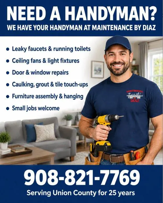 Handyman services flyer featuring repairs, installations, and small jobs from Maintenance by Diaz